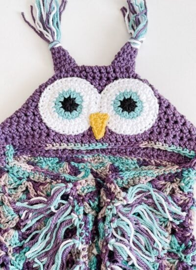 A crocheted owl hat with tassels on it.