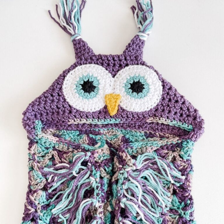 A crocheted owl hat with tassels on it.