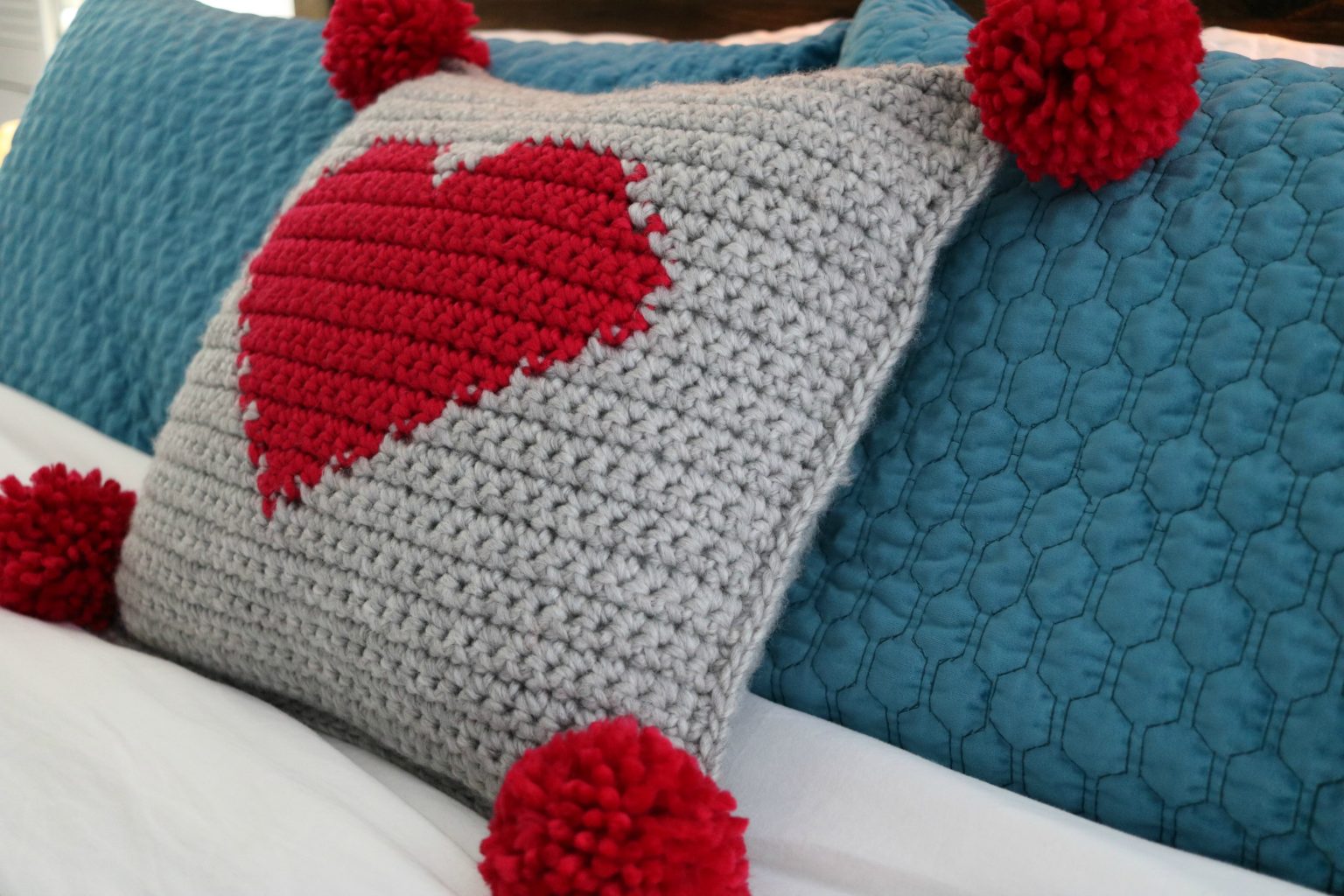 Crochet Valentine s Pompom Heart Pillow MJ s Off The Hook Designs left-handed-how-to-crochet-a-heart-easy-crochet-velvet-heart