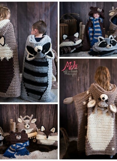 Crocheted hooded blanket.