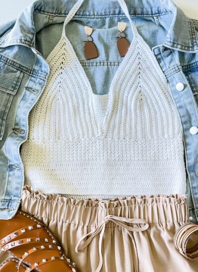 A white crop top, denim jacket and sandals- perfect for creating the Piece of Cake Cardi.