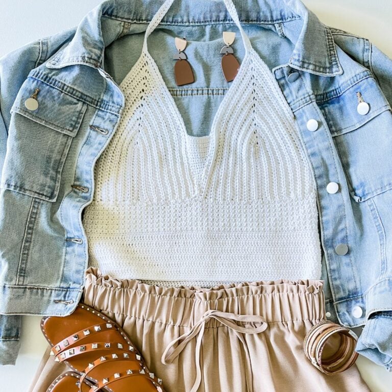 A white crop top, denim jacket and sandals- perfect for creating the Piece of Cake Cardi.