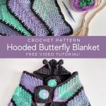 Crochet pattern for a beautiful hooded butterfly blanket.