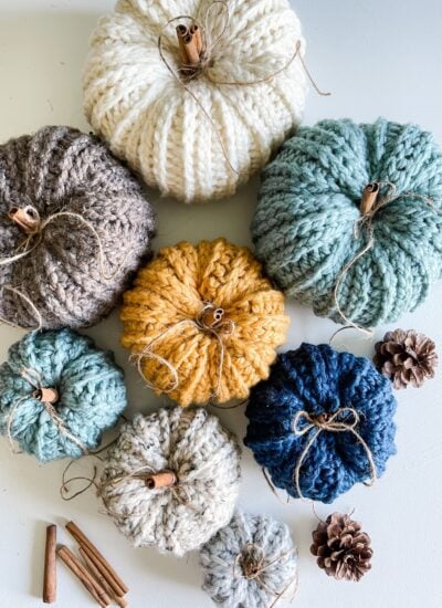 Seven rustic crocheted pumpkins in various colors, with cinnamon sticks as stems, are arranged on a table alongside pine cones and extra cinnamon sticks.