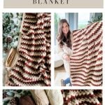 A woman holds a red, cream, and brown crochet granny blanket. Close-ups show the blanket’s pattern, matching yarn balls, and Crochet Rustic Farmhouse Pumpkins. Text: “Fall For Granny Blanket.”.