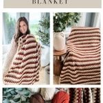 Collage showing a woman holding a striped granny blanket, the blanket draped on a chair, and yarn skeins with crochet tools—plus hints of Crochet Rustic Farmhouse Pumpkins—promoting the cozy "Fall for Granny Blanket" pattern.