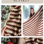 Collage showing a striped granny square crochet blanket in cream, brown, and rust, with yarn balls, crochet hook, Crochet Rustic Farmhouse Pumpkins decor, and a woman holding the finished blanket.