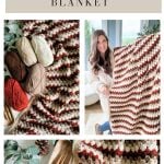 Collage showing a crochet granny blanket with fall colors, yarn balls, crochet hook, wooden tray, and a woman holding the finished blanket. Crochet Rustic Farmhouse Pumpkins add a cozy autumn charm. Text reads "Fall For Granny Blanket.