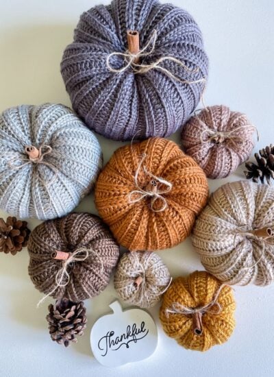 Assorted knitted and crochet pumpkins in various colors and sizes, along with pinecones, arranged on a light surface. A "Thankful" sign is placed at the bottom, adding a touch of rustic farmhouse charm.
