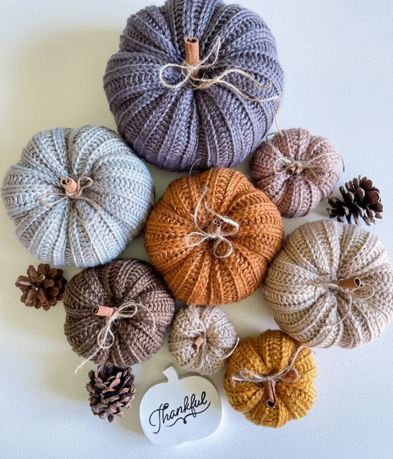 Assorted knitted and crochet pumpkins in various colors and sizes, along with pinecones, arranged on a light surface. A "Thankful" sign is placed at the bottom, adding a touch of rustic farmhouse charm.
