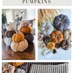Collage featuring Crochet Rustic Farmhouse Pumpkins in autumn hues, both stacked and arranged with yarn, pinecones, and a knit piece, promoting the cozy "Country Harvest Pumpkins" crochet pattern.