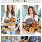 A woman holds a basket of crochet rustic farmhouse pumpkins in earthy tones; close-up below highlights knitted pumpkins with pinecones. Text reads "Country Harvest Pumpkins.