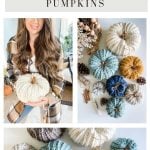 Collage featuring Crochet Rustic Farmhouse Pumpkins in various colors, a woman holding a white crocheted pumpkin, and craft supplies arranged on a white surface.
