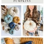 Collage featuring Crochet Rustic Farmhouse Pumpkins in various colors, a woman holding a large white pumpkin, and yarn with a partially completed crochet project. Text reads "Rustic Farmhouse Pumpkins.