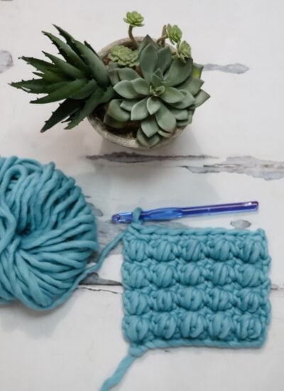 A ball of chunky blue yarn, a crochet hook, and a partially crocheted square demonstrating How to Crochet Bulky Puff Stitch are next to a small potted succulent on a white surface.