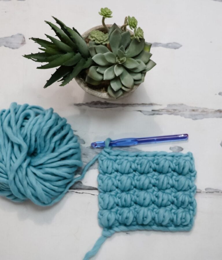 A ball of chunky blue yarn, a crochet hook, and a partially crocheted square demonstrating How to Crochet Bulky Puff Stitch are next to a small potted succulent on a white surface.