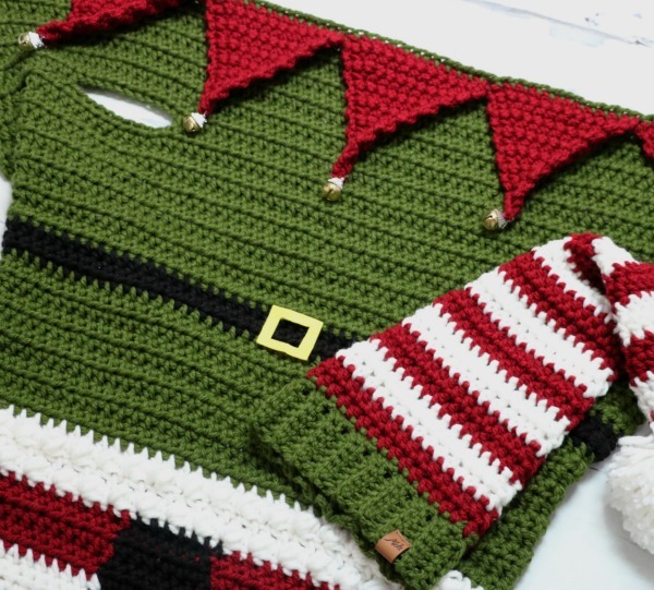 A crocheted elf sweater and hat for Christmas.