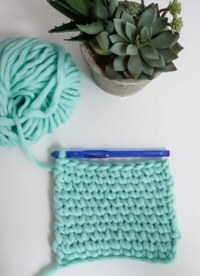A ball of chunky mint yarn, a crochet hook, and a swatch of crocheted fabric—perfect for practicing How to Crochet the Waistcoat Stitch—are beside a potted succulent plant on a white surface.