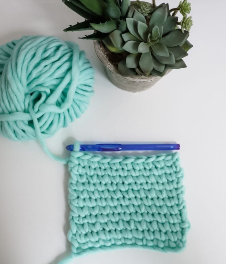 A ball of chunky mint yarn, a crochet hook, and a swatch of crocheted fabric—perfect for practicing How to Crochet the Waistcoat Stitch—are beside a potted succulent plant on a white surface.