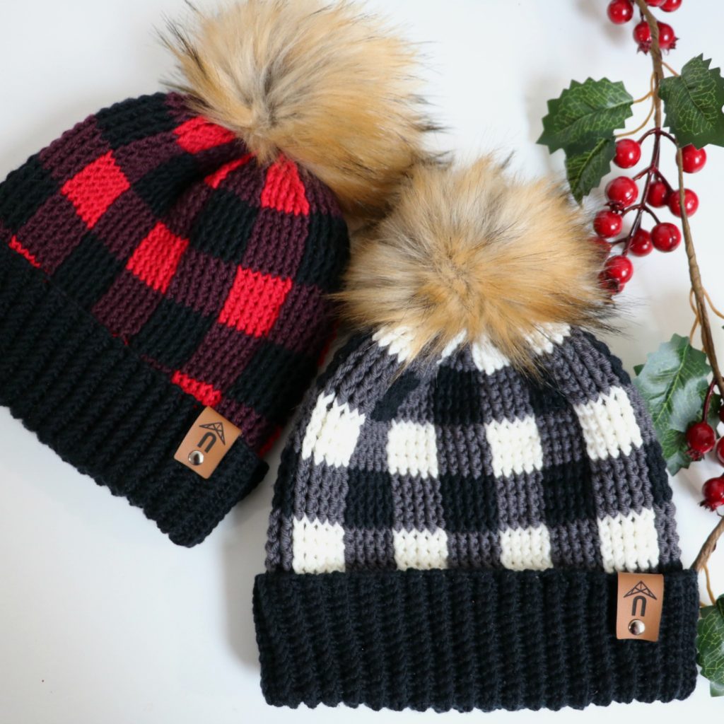 Buffalo Plaid Crochet Slouch HatWinter Hat with extra Large faux fur Pom Pom