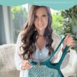 A woman holds up a green and white Crochet Market Bag. Text above reads "Dishie-lous Crochet Market Bag Crochet Pattern & Video mjsoffthehookdesigns.com".