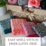 Colorful Rosy Posy crochet dishcloths alongside yarn balls with a pattern guide.