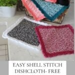 Handmade Rosy Posy crochet dishcloths displayed with yarn and pattern instructions.