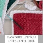 A selection of Rosy Posy crochet dishcloths in various colors, featuring an easy shell stitch pattern with a free crochet pattern and video tutorial available.