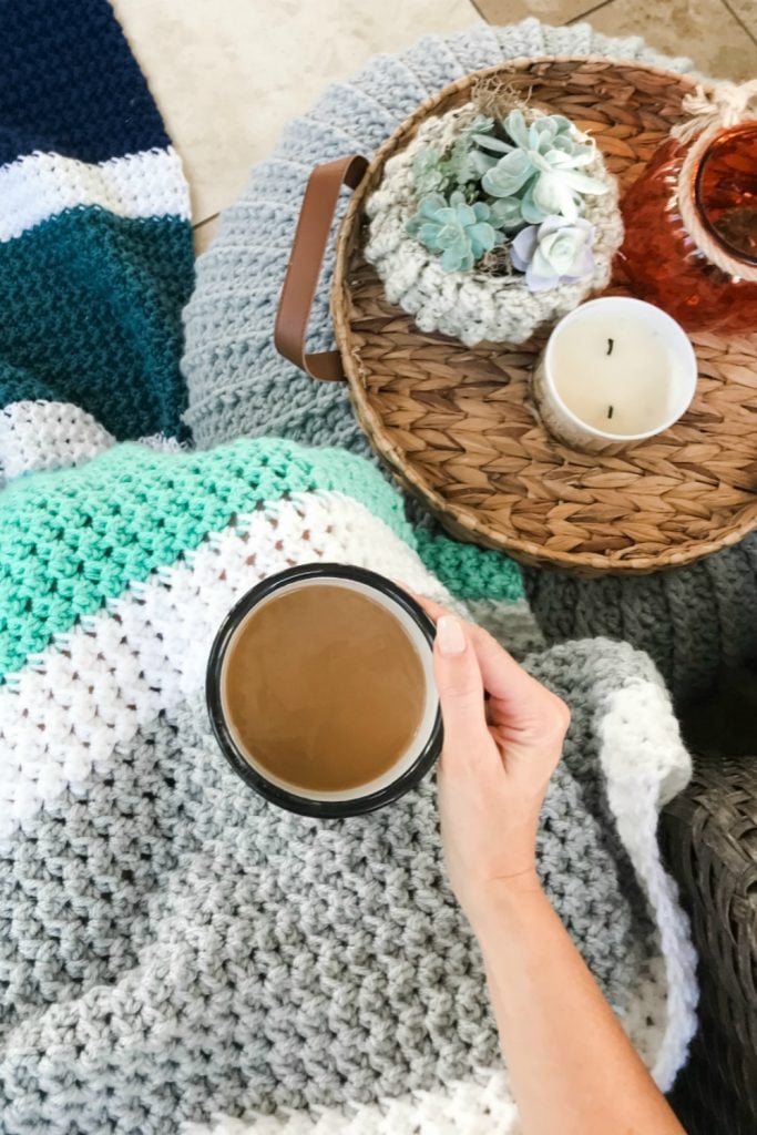 calming coffee and crochet blanket