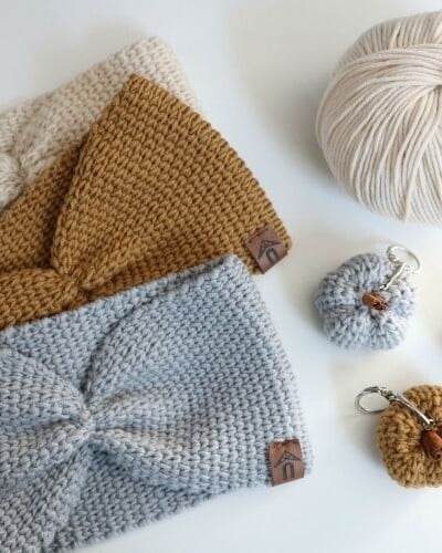 A knitted beanie, a knitted scarf, and a crochet baby hat pattern.