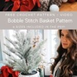 A woman holding a poinsettia with the text free bobble stitch basket pattern.