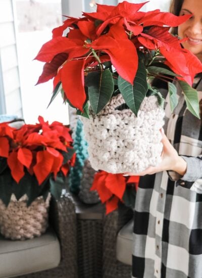 A woman with a bobble stitch crochet basket holding a potted poinsettia.