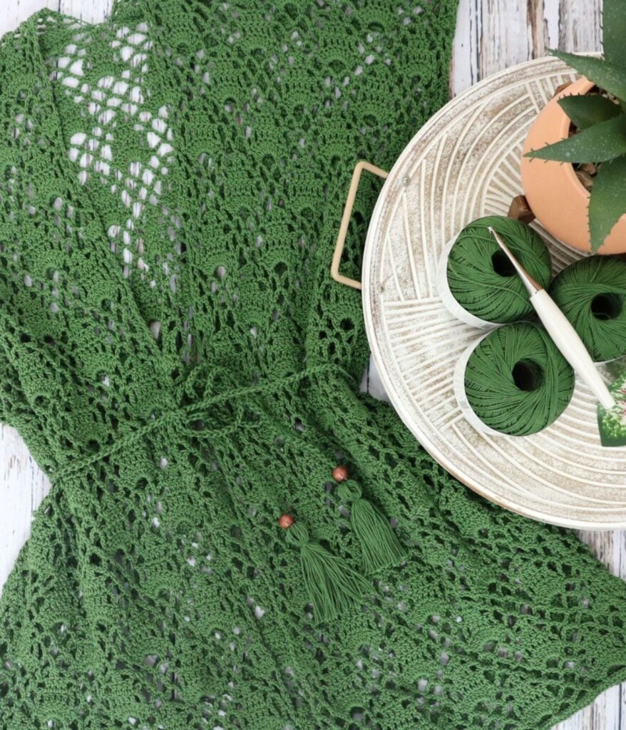 A green crocheted sleeveless cardigan beside a wooden embroidery hoop with green thread and a needle, featuring a small plant and terracotta pot on a wooden surface.