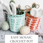 Easter mosaic crocheted pot covers, advertised as an easy pattern with video instructions.