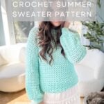 Woman wearing a mint green v-stitch crochet sleeveless cardigan, seated by a window with text overlay about the sweater pattern and tutorial.