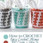 Easter mosaic crocheted pot covers with a beginner pattern guide.