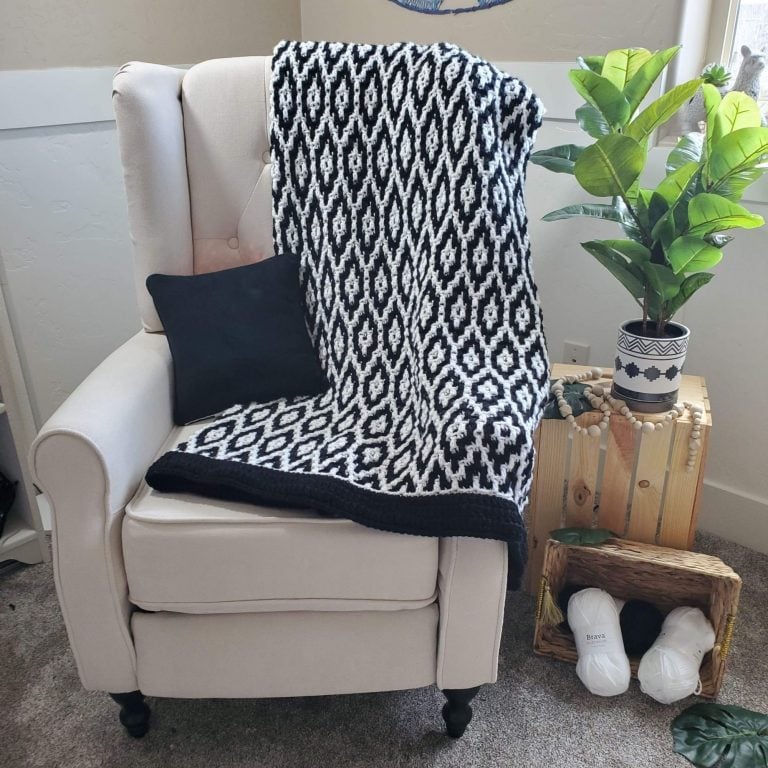 A chair with a Granite Ridge blanket and a potted plant.