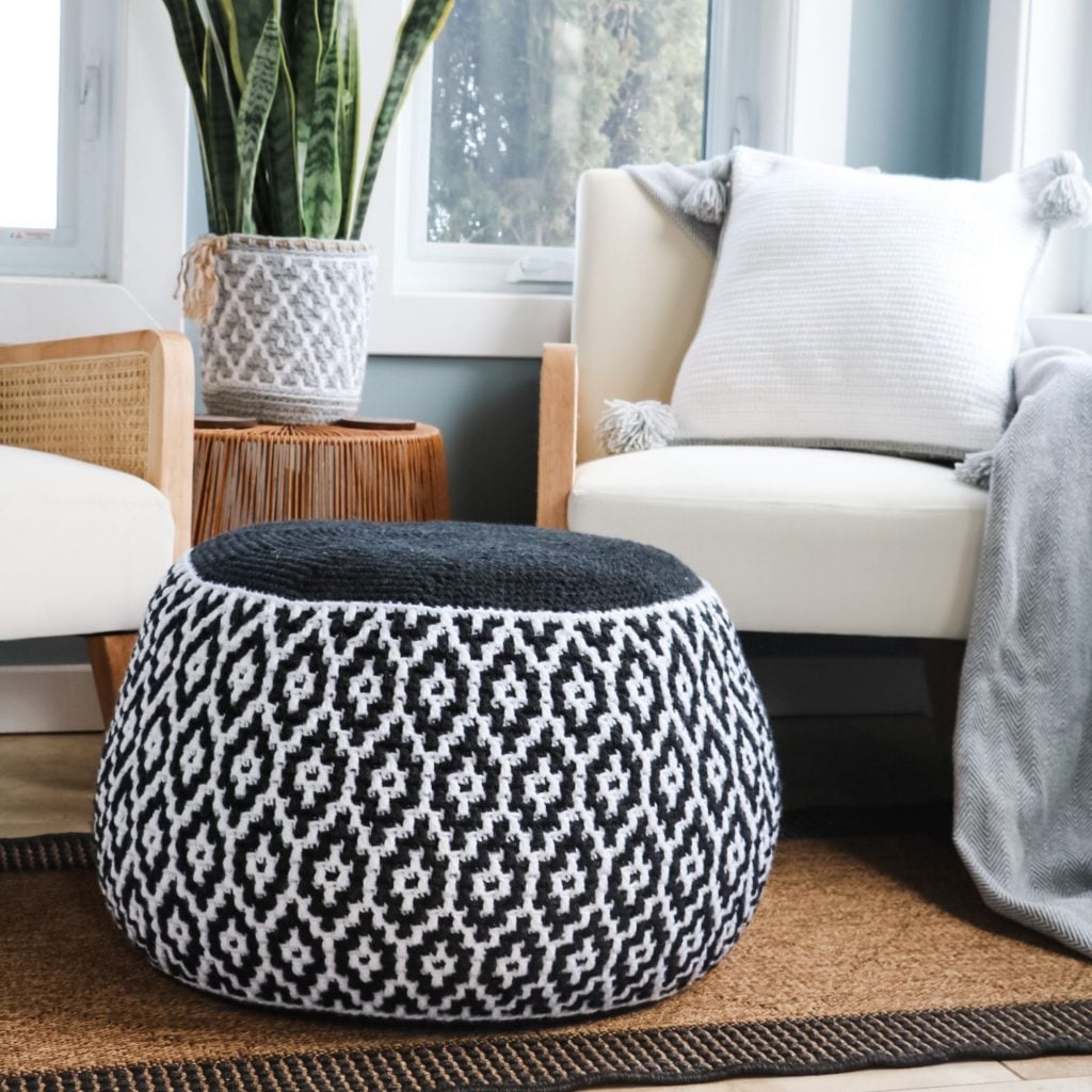 A Granite Ridge Floor Pouf in a living room.