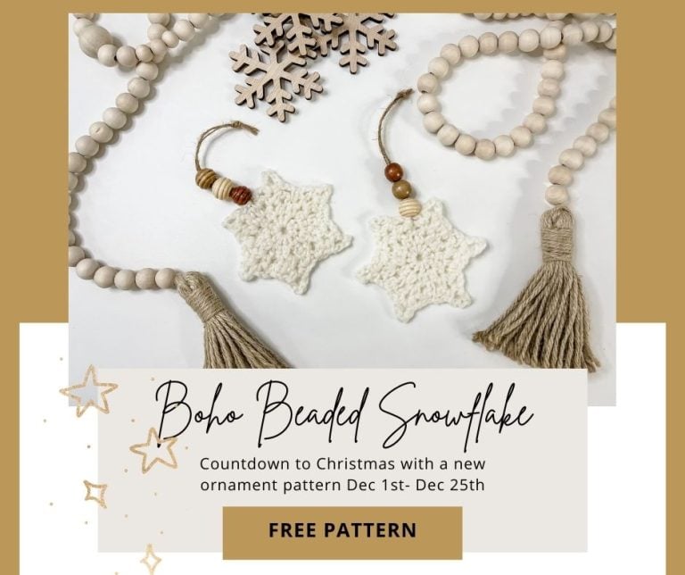 A free crochet pattern for a beaded snowflake with tassels.