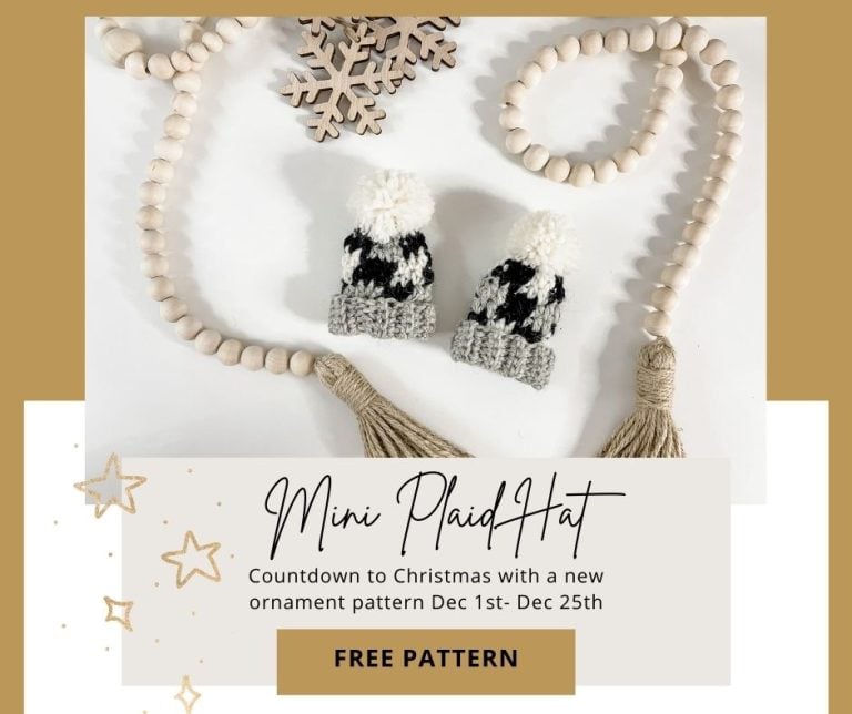 A crochet pattern for a mini hat ornament with pom poms.