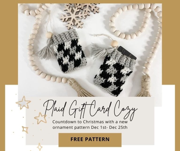 A plaid gift card cozy with stars and tassels.