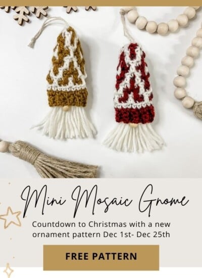 A free crochet pattern for a Mini Mosaic Pom Pom Gnome ornament.