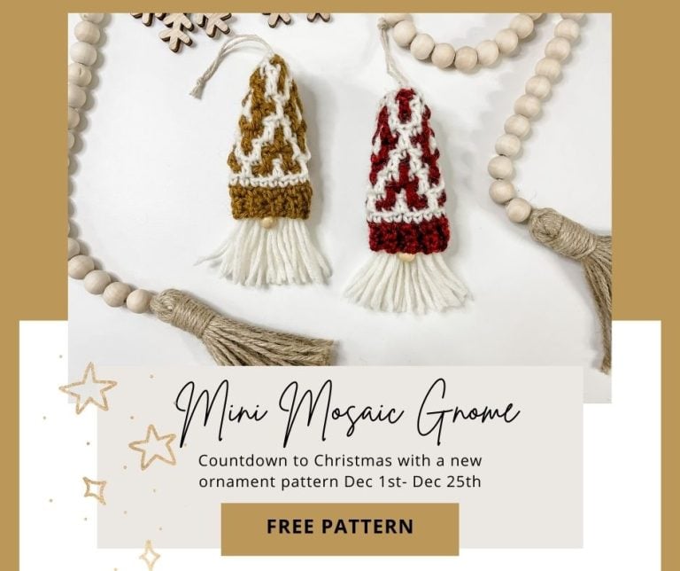 A free crochet pattern for a Mini Mosaic Pom Pom Gnome ornament.