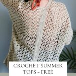 Woman showcasing a handmade crochet lacy spring cardigan, with information on free pattern sizes and tutorial availability.