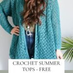 Woman showcasing a teal crochet lacy spring cardigan with a pattern text overlay.