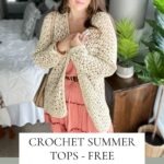 A woman showcases a Crochet Lacy Spring Cardigan, highlighting the availability of a free pattern and video tutorial for sizes xs-5x.