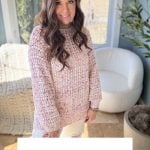 A woman stands indoors wearing a light pink crochet sweater, reminiscent of a Lacy Days Kimono. Text below reads: "Gum Drop Pullover: Crochet Pattern & Video Sizes XS-5X.