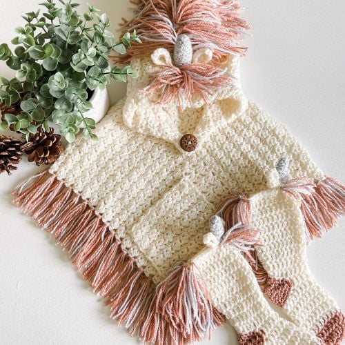 A unicorn crochet poncho and booties pattern.