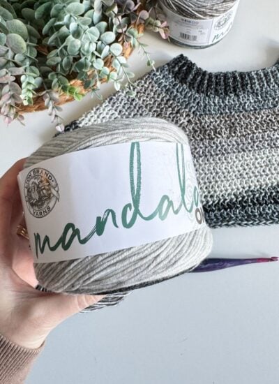 A hand holding a skein of "mandala" brand yarn with an easy crochet raglan sweater project and hook in the background.