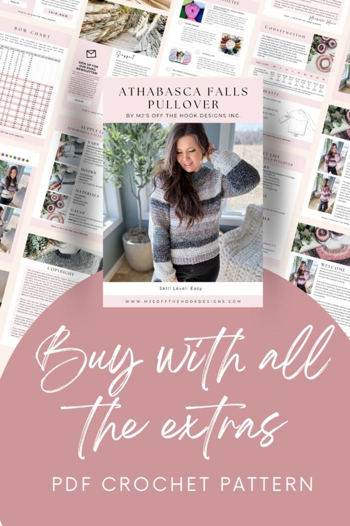 Promotional poster for an easy crochet raglan sweater pattern pdf with an image of a woman showcasing the finished product.